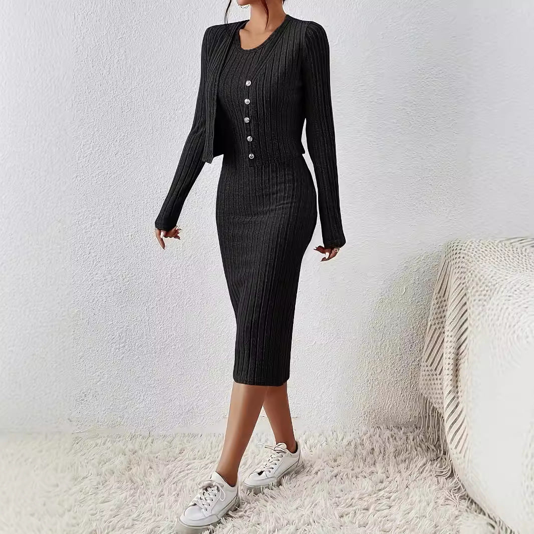 Front Button Cropped Top And Slim Fit Dress - Swefashionstore