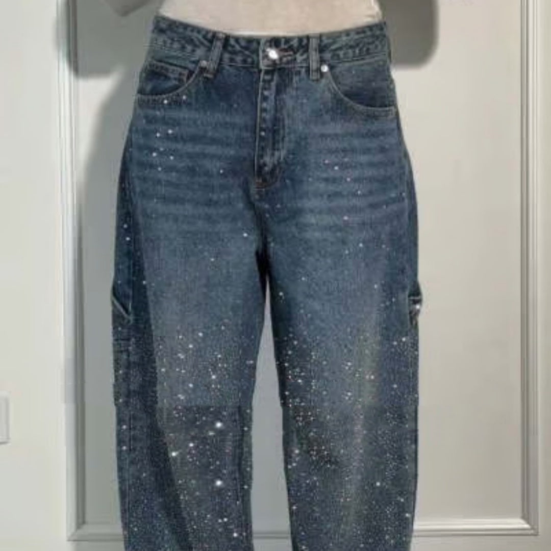 Ins Shiny Straight High-Waist Jeans mit Taschen Street-Style-Hose
