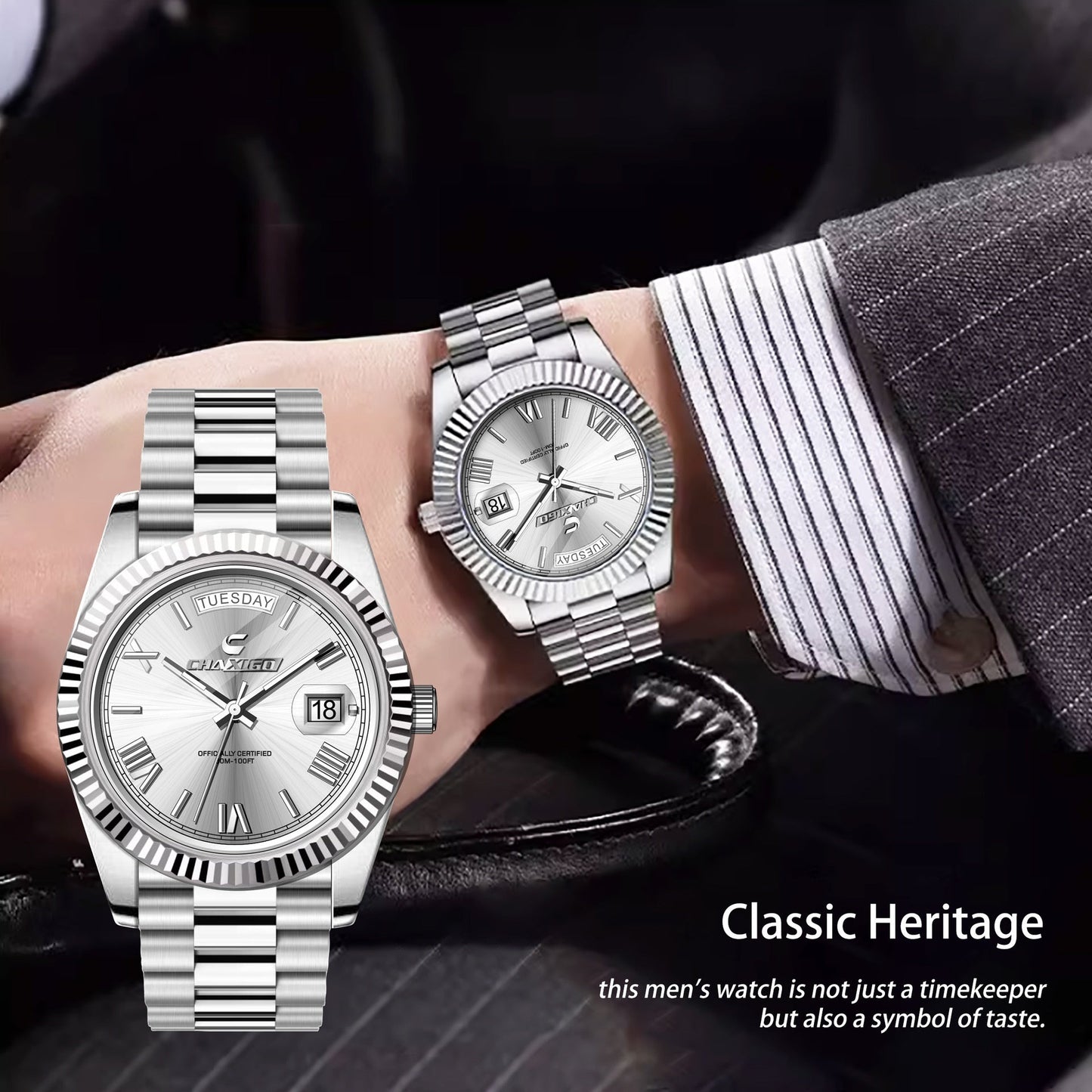 Men's Quartz wrist watch with stainless steel band, showcasing silver dial and classic design.