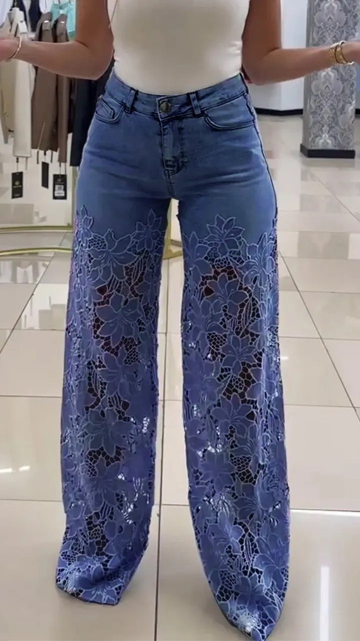 Y2K Lace Flowers Hollow Jeans Fashion High Waist Straight Wide Leg Pants Solid Color Trousers Women&