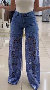 Y2K Lace Flowers Hollow Jeans Fashion High Waist Straight Wide Leg Pants Solid Color Trousers Women&