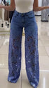 Y2K Lace Flowers Hollow Jeans Fashion High Waist Straight Wide Leg Pants Solid Color Trousers Women&