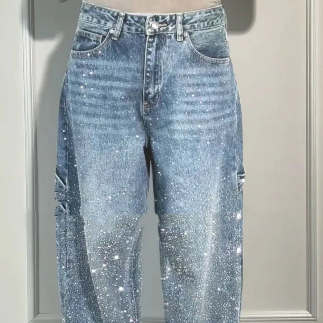 Ins Shiny Straight High-Waist Jeans mit Taschen Street-Style-Hose
