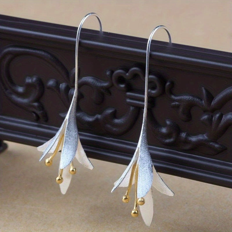 Female Fashion Vintage Blooming Flowers Two Tone Dangle Hanging Engagement Jewelry Earrings - Swefashionstore