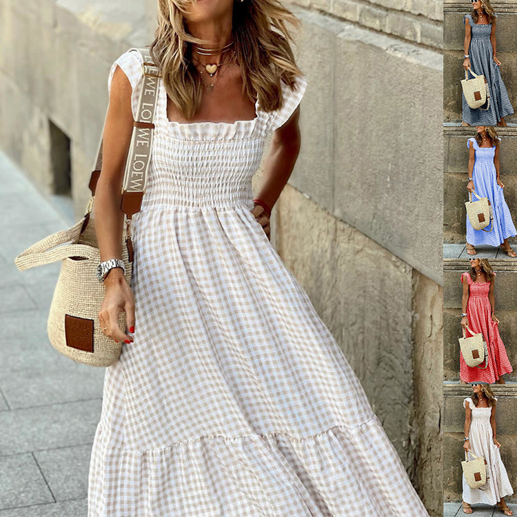 Summer Plaid Print Pleated Ruffle Dress INS Fashion Sleeveless A-line Swing Beach Dress Women&