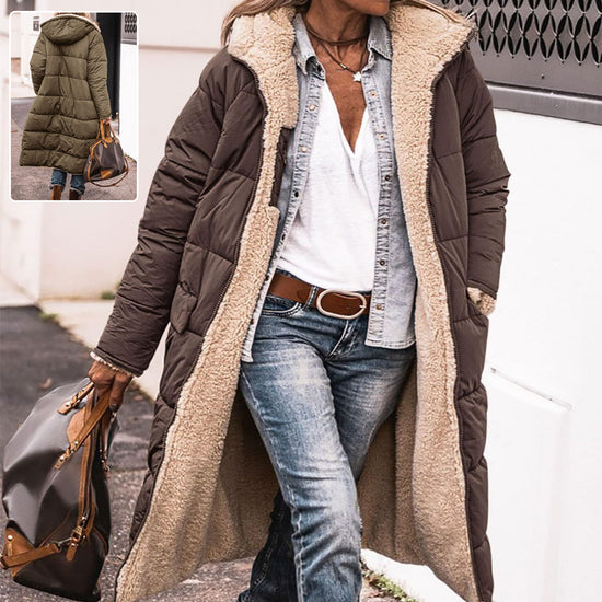 Enfärgad lång kappa med huva för kvinnor - Elegant dubbelsidig koftajacka för vintern