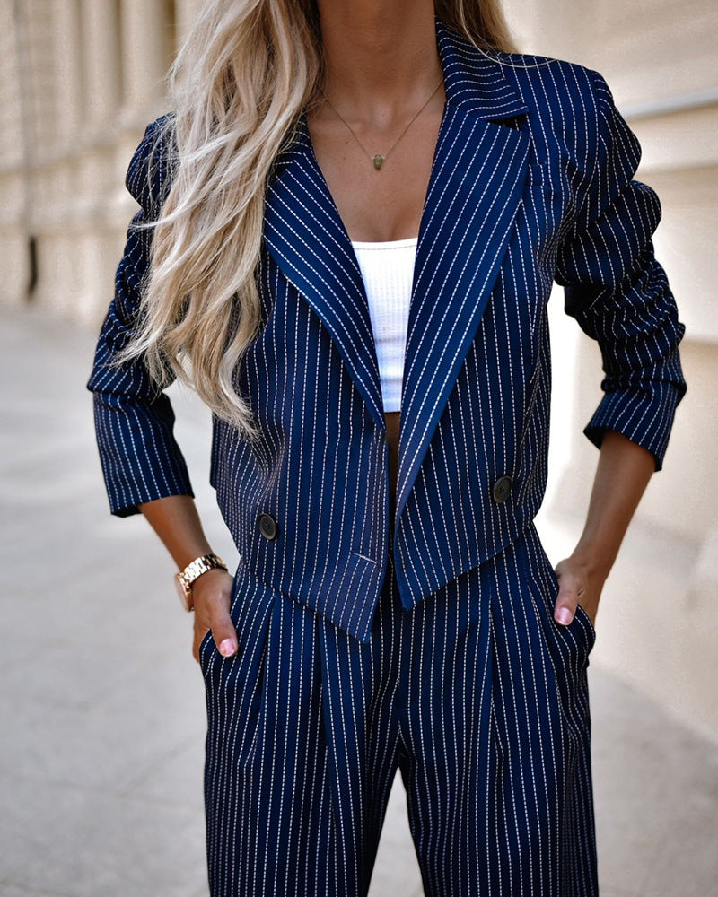 Fashion Striped Suits for Women - Casual Lapel Long Sleeve Cropped Top and Straight Pants Outfits - Swefashionstore
