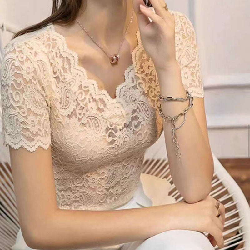 V-neck Hollow Sexy Lace Bottoming Shirt Innerwear Short Sleeve - Swefashionstore