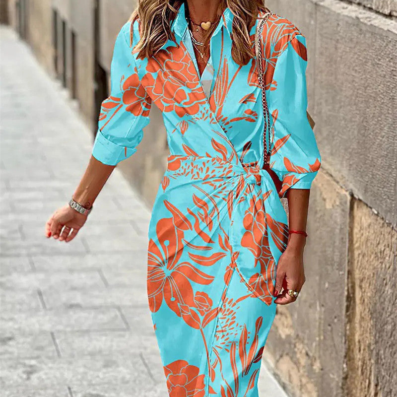 Fashion Printed Shirt Dress With Belt Slim Fit Three-quarter Sleeve Lapel Dress For Women Clothing - Swefashionstore