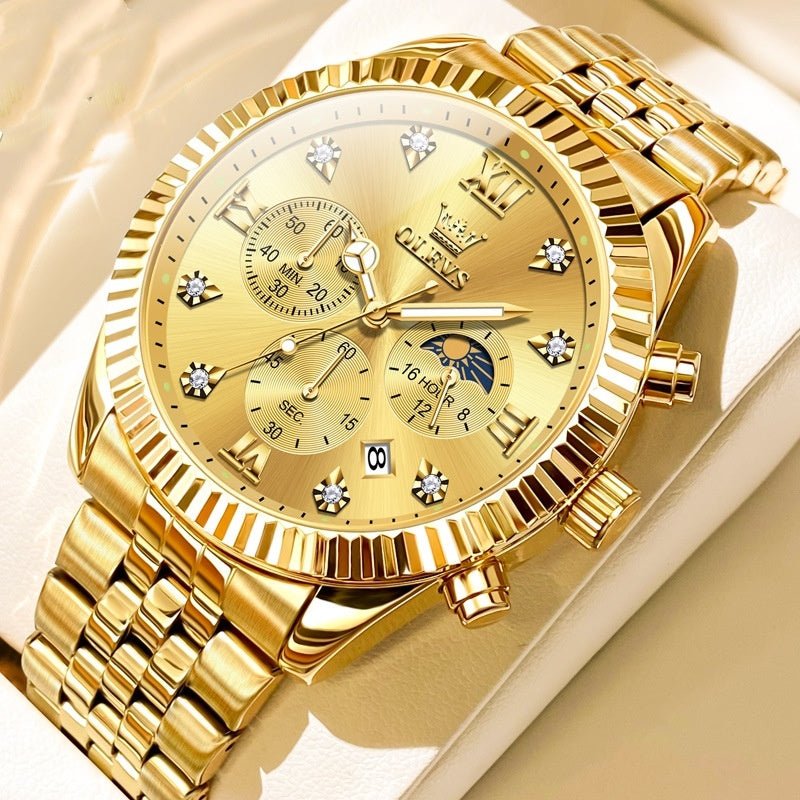 Men's fashionable golden quartz watch with full gold stainless steel strap and coated glass dial.