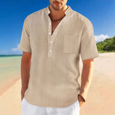 Stand Collar Short Sleeve Henley Shirt - Swefashionstore