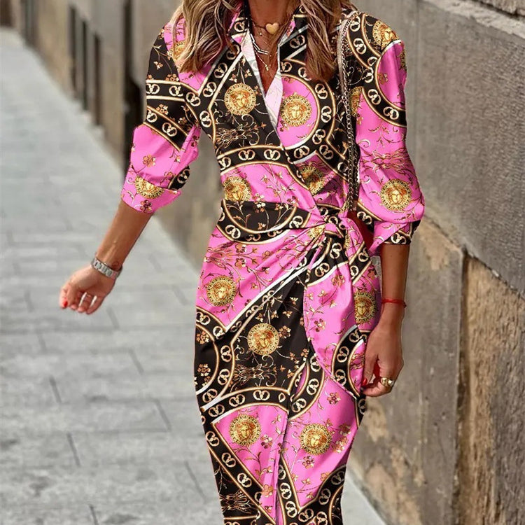 Fashion Printed Shirt Dress With Belt Slim Fit Three-quarter Sleeve Lapel Dress For Women Clothing - Swefashionstore