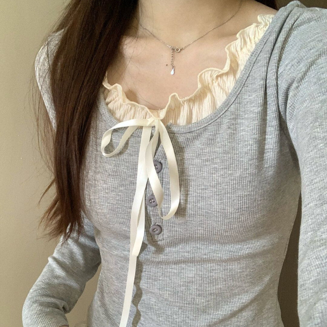 Gray Pure Desire Lace Inner Match Bottoming Shirt with princess sleeves and button details.