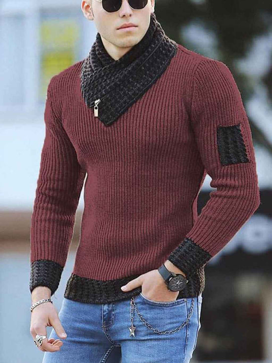 Independent Station Casual Slim Knit Pullover Sweater for Men with Scarf Collar Long Sleeves