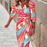 Fashion Printed Shirt Dress With Belt Slim Fit Three-quarter Sleeve Lapel Dress For Women Clothing - Swefashionstore