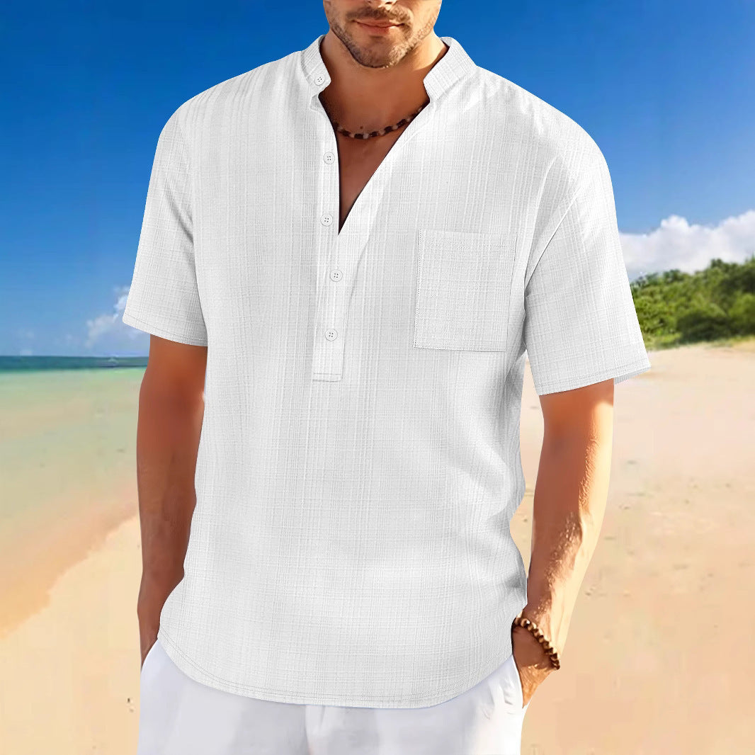 Stand Collar Short Sleeve Henley Shirt - Swefashionstore