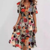Flowers Printed V-neck Dress Summer A-line Short-sleeved Dresses For Women - Swefashionstore