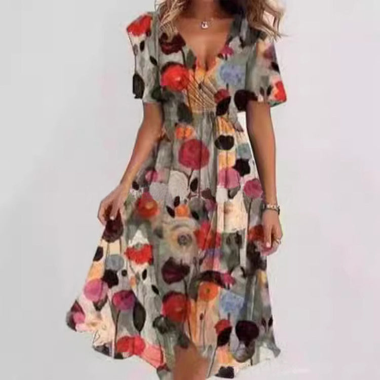 Flowers Printed V-neck Dress Summer A-line Short-sleeved Dresses For Women - Swefashionstore