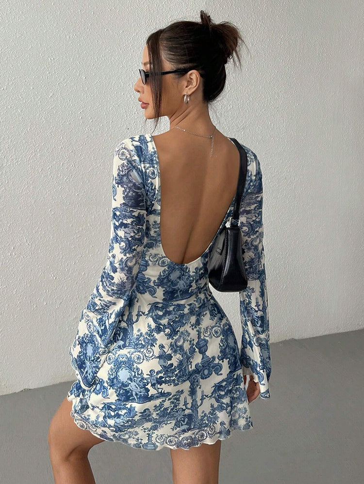 Printed Flare Sleeve Backless Mesh Dress - Swefashionstore