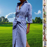 Striped Shirt Dress With Belt Fashion Half-sleeved For Women - Swefashionstore