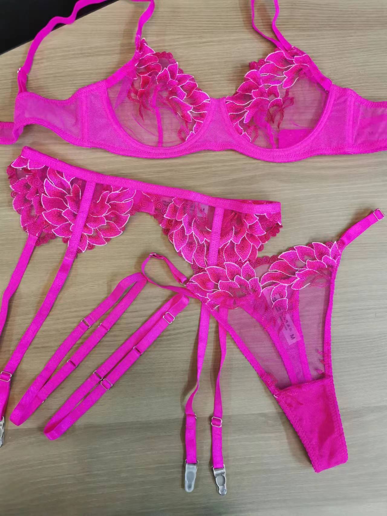 Anti-sagging Lace Embroidery Three-piece Set in vibrant rose red color with elegant lace details.