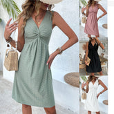 NEW FASHION V-neck Knot Sleeve-less Design Pleated Dress - Swefashionstore