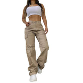 Brown Casual High Waist Work Clothes Patch Pocket Wide Leg Trousers - Swefashionstore