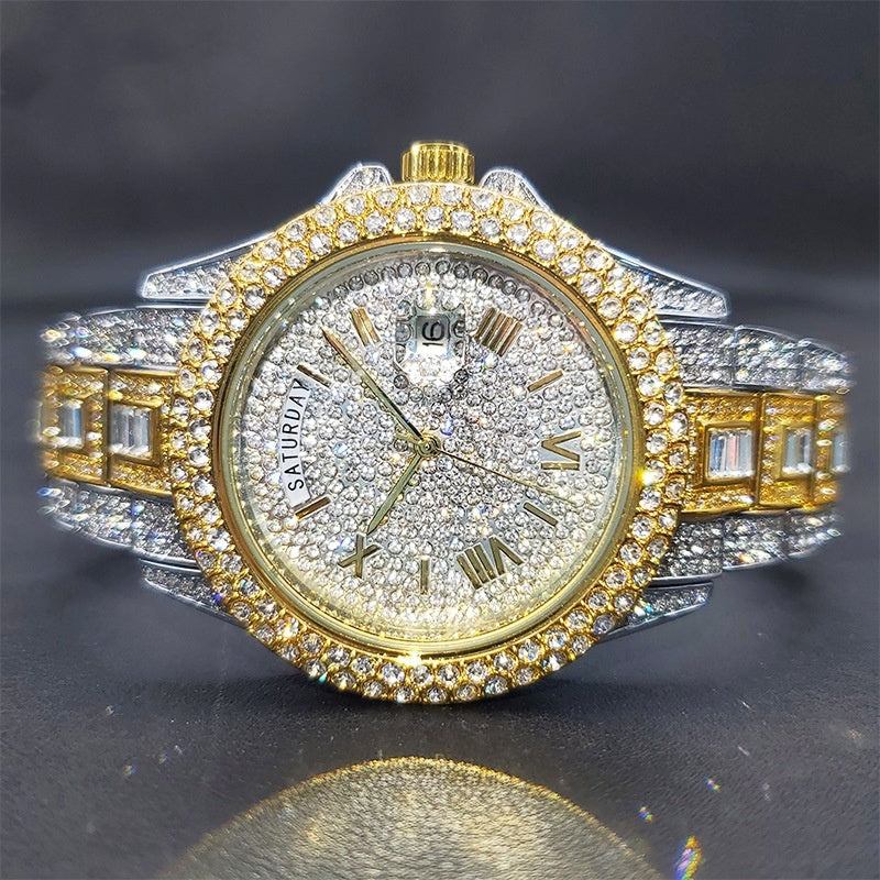 Full Diamond Luxury Quartz Watch with gold and silver accents, full diamond embellishments, elegant design, and Roman numerals.