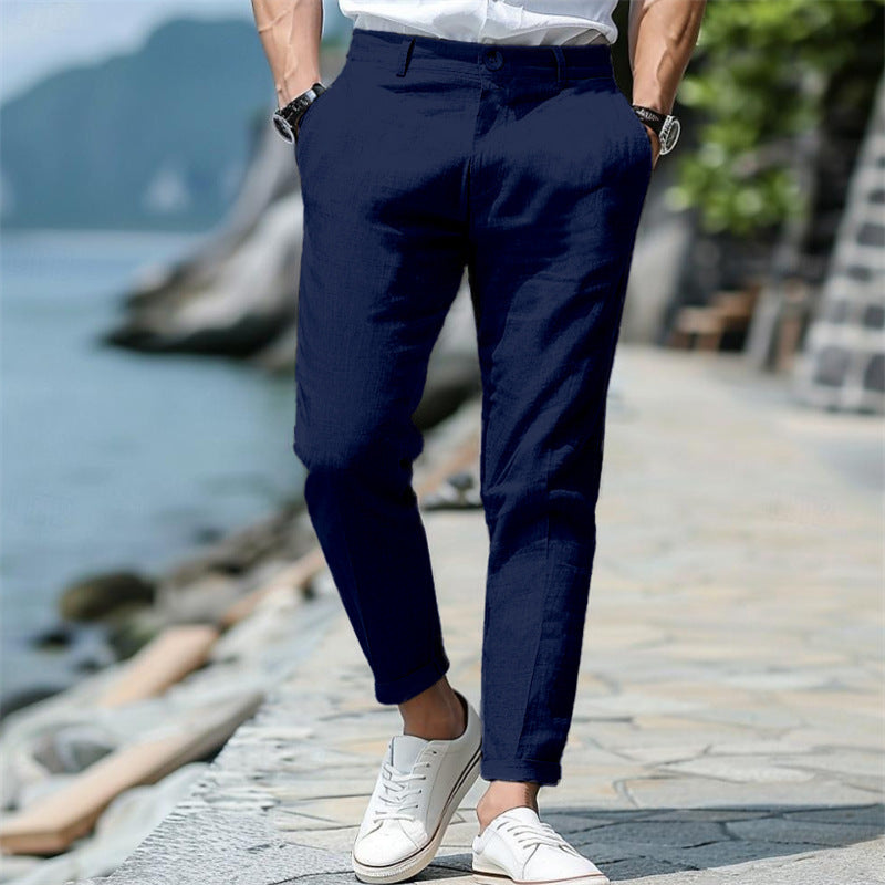 LINEN SUMMER Button Front Slant Pocket Straight-leg Trousers