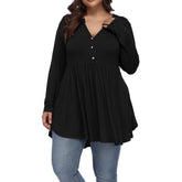FASION V-neck Buttons Pleated Long Sleeve Plus Size T-shirt - Swefashionstore