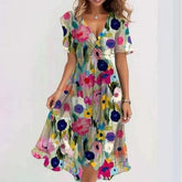 Flowers Printed V-neck Dress Summer A-line Short-sleeved Dresses For Women - Swefashionstore