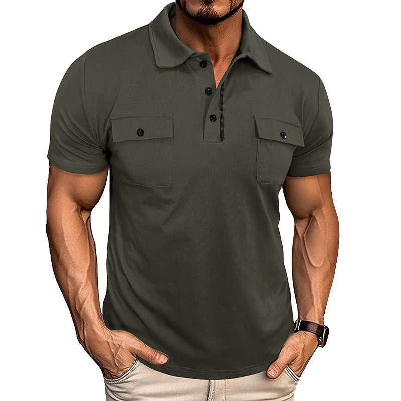 Polo shirt with pockets, short sleeves, outdoor fashion style.