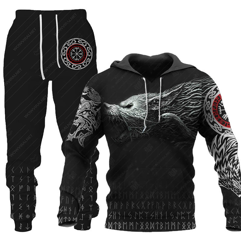 Newcomer Wolf Print Tracksuit Men Sportswear Hooded Sweatsuit
