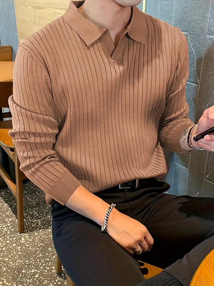 Lapel Texture Stretch Slim Knit Polo Shirt - Swefashionstore