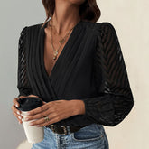 All-matching Solid Color And V-neck Pleated Lace See-through Long-sleeved Jumpsuit - Swefashionstore