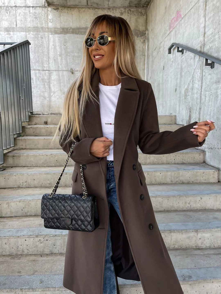 Double-breasted Winter Jacket With Belt - Casual Long Sleeve Button Coat for Women