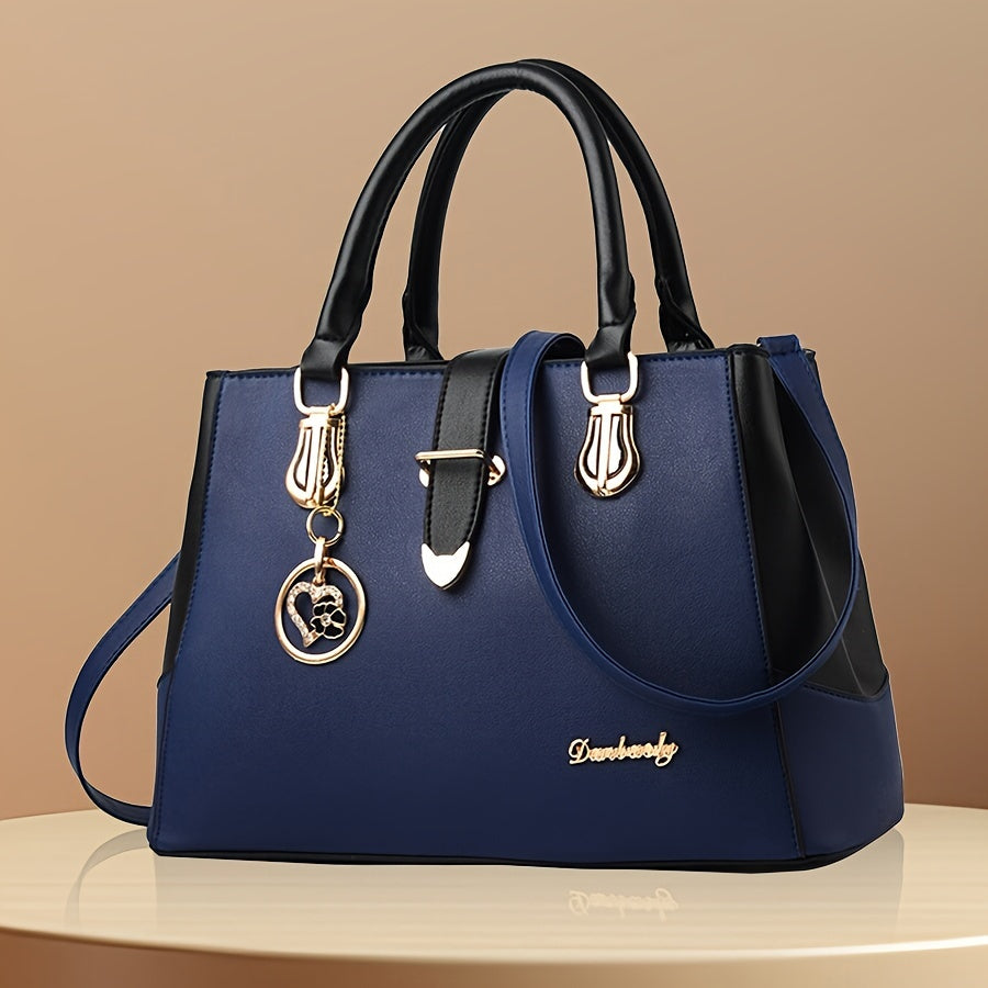 Women's Letter Detail Shoulder Bag, Elegant Double Handle Purse, Simple Large Handbag For Work - Swefashionstore