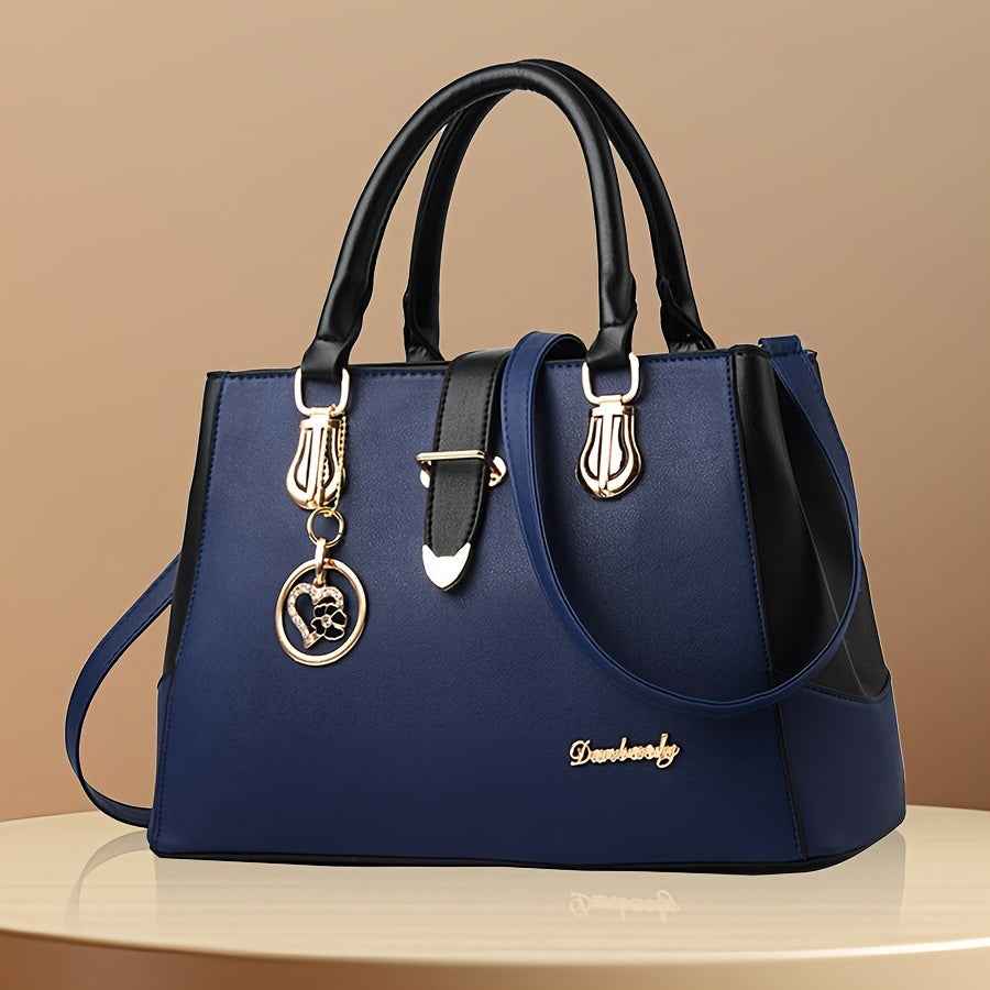 Women's Letter Detail Shoulder Bag, Elegant Double Handle Purse, Simple Large Handbag For Work - Swefashionstore