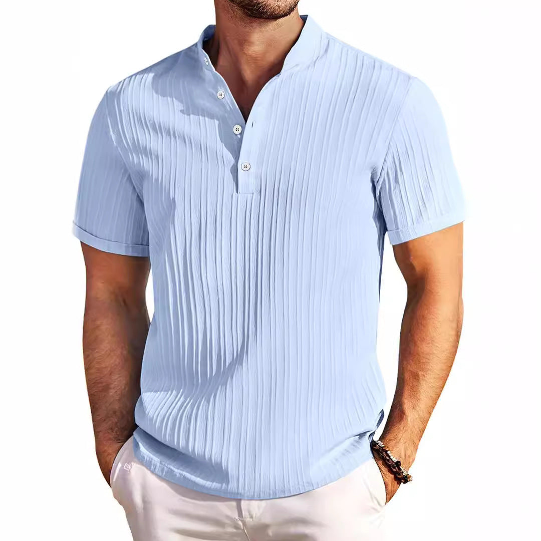 Summer Stand Collar Buttons Short Sleeve T-shirt Solid Color Stripe POLO Shirt Fashion Casual Beach Clothing For Men - Swefashionstore