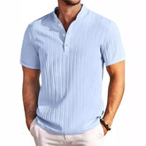Summer Stand Collar Buttons Short Sleeve T-shirt Solid Color Stripe POLO Shirt Fashion Casual Beach Clothing For Men - Swefashionstore