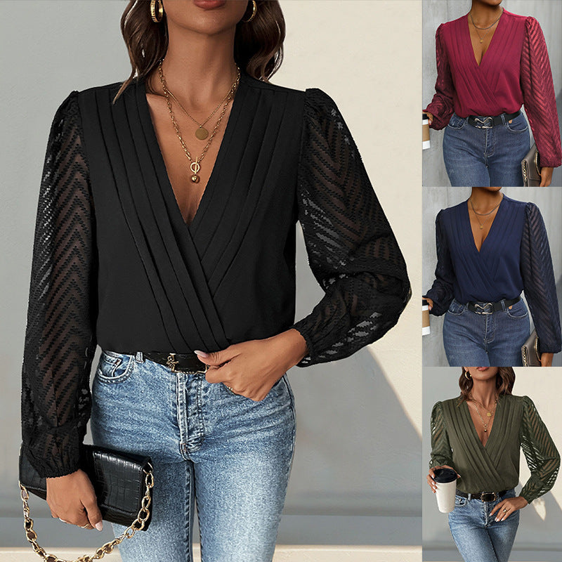 All-matching Solid Color And V-neck Pleated Lace See-through Long-sleeved Jumpsuit - Swefashionstore