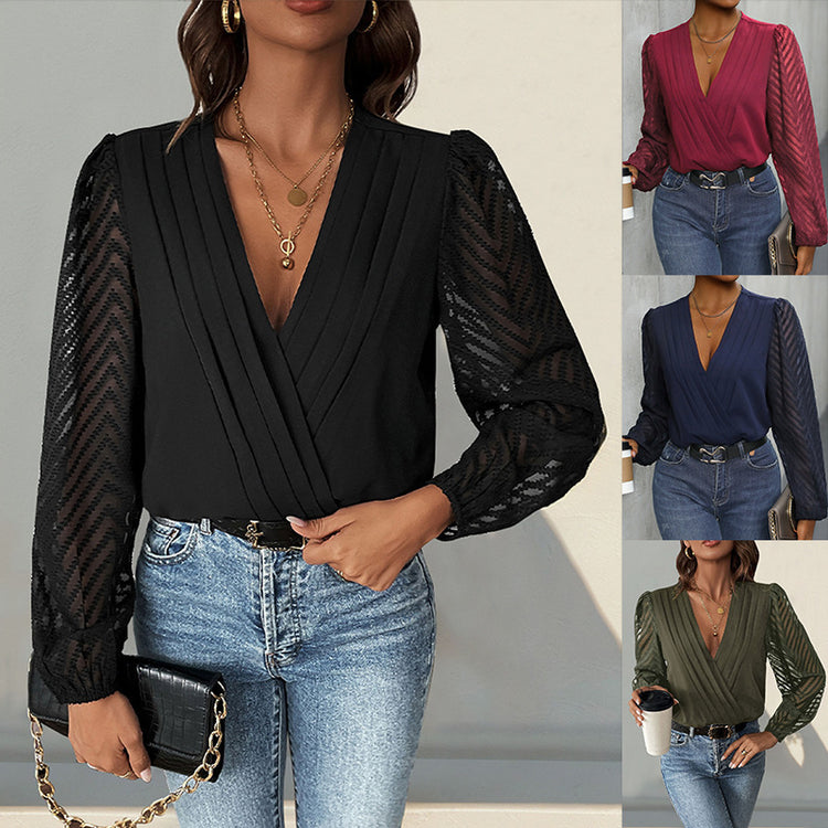 All-matching Solid Color And V-neck Pleated Lace See-through Long-sleeved Jumpsuit - Swefashionstore