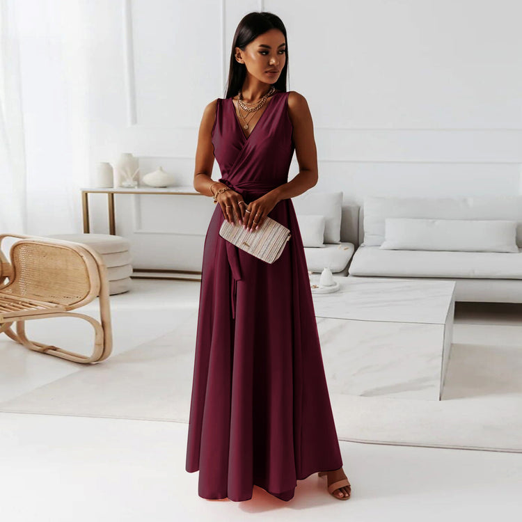 V-neck Sleeveless Dress With Belt Summer Fashion Party Club Evening Maxi Dresses For Women Clothing - Swefashionstore
