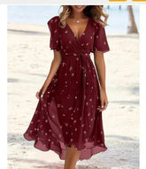 Flowers Printed V-neck Dress Summer A-line Short-sleeved Dresses For Women - Swefashionstore