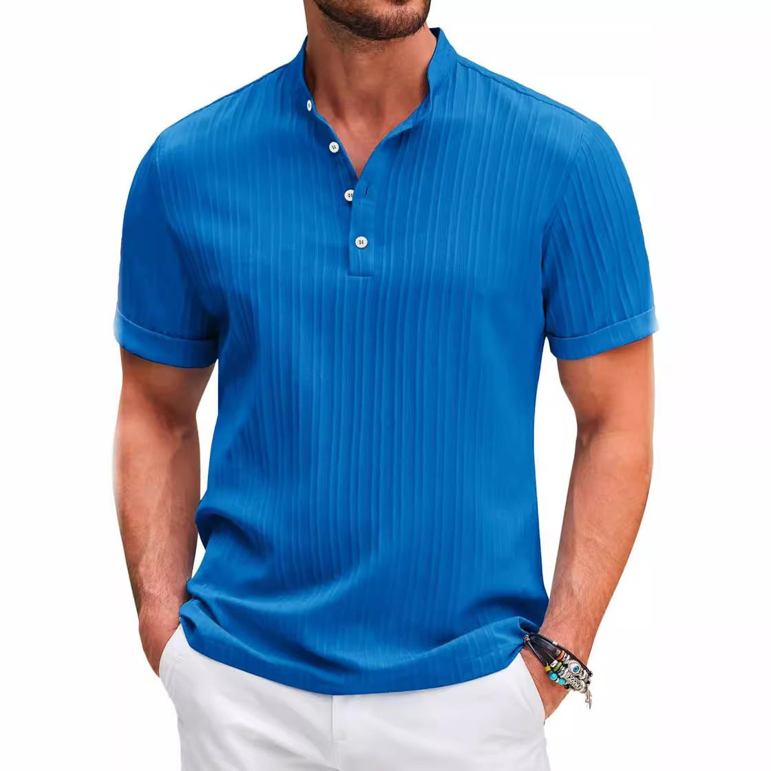 Summer Stand Collar Buttons Short Sleeve T-shirt Solid Color Stripe POLO Shirt Fashion Casual Beach Clothing For Men - Swefashionstore