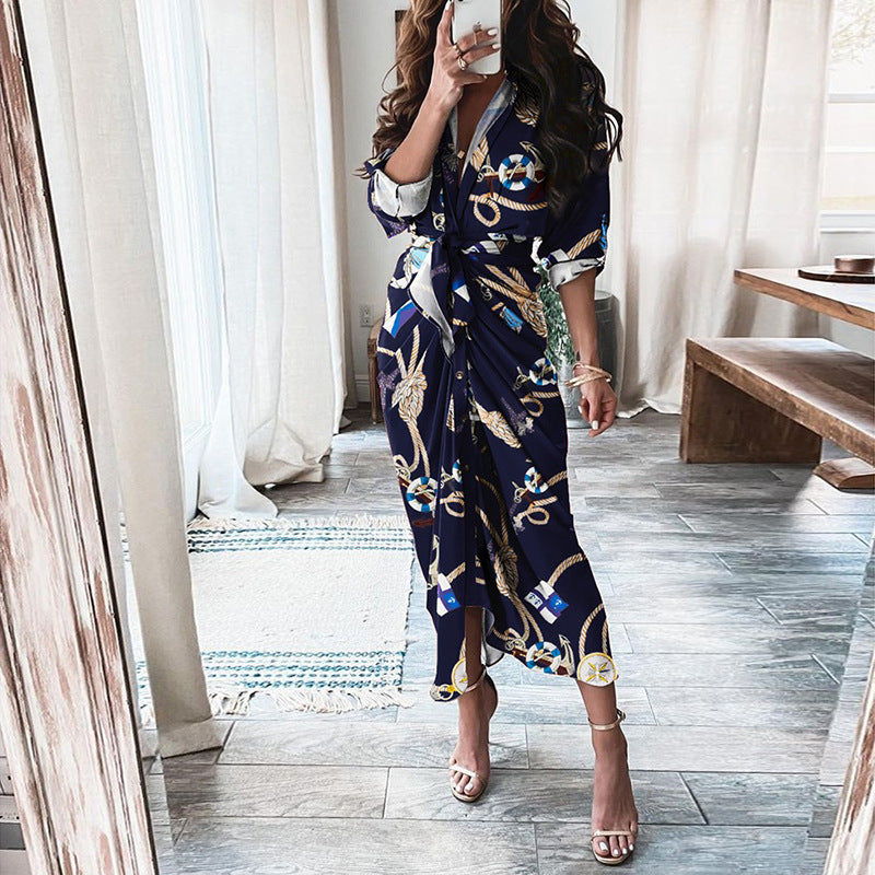 NEW European Print Long-Sleeved LACE-UP Single-Breasted SHIRT Dress