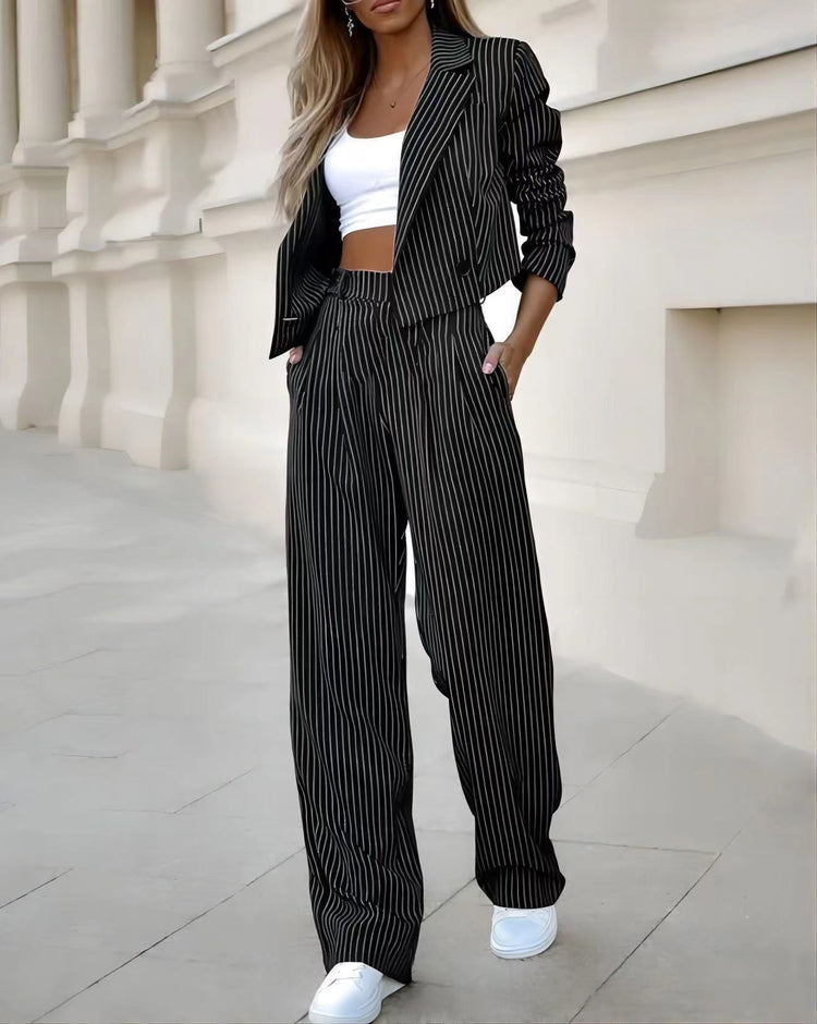 Fashion Striped Suits for Women - Casual Lapel Long Sleeve Cropped Top and Straight Pants Outfits - Swefashionstore