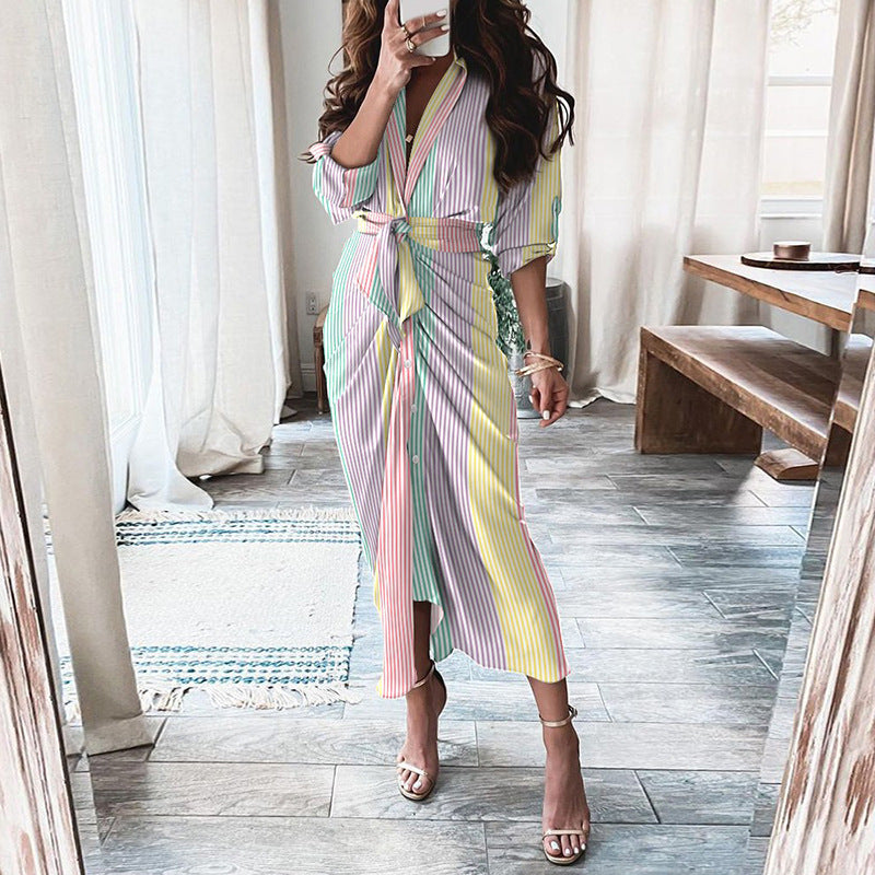 NEW European Print Long-Sleeved LACE-UP Single-Breasted SHIRT Dress