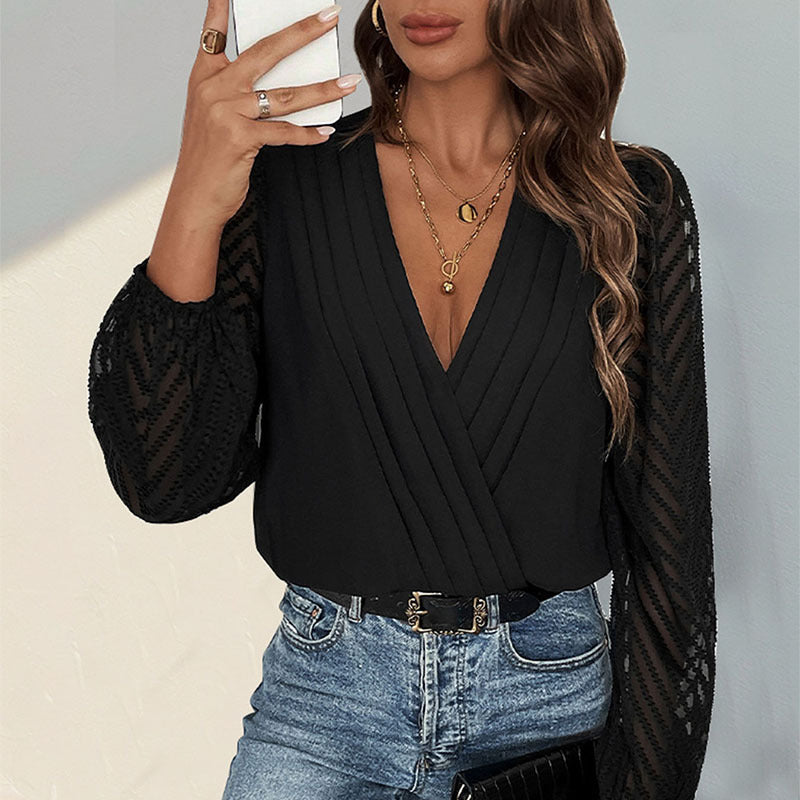 All-matching Solid Color And V-neck Pleated Lace See-through Long-sleeved Jumpsuit - Swefashionstore
