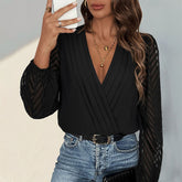 All-matching Solid Color And V-neck Pleated Lace See-through Long-sleeved Jumpsuit - Swefashionstore